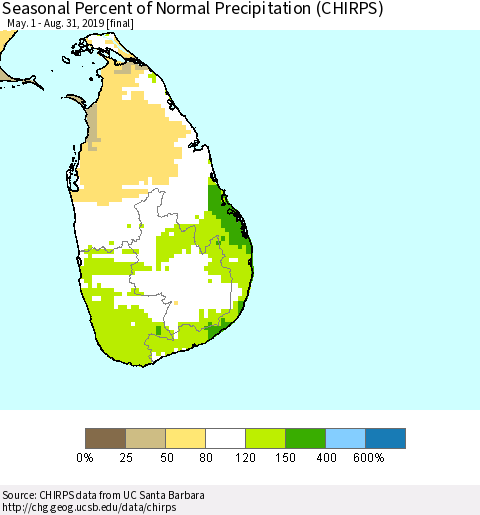 Sri Lanka Seasonal Percent of Normal Precipitation (CHIRPS) Thematic Map For 5/1/2019 - 8/31/2019