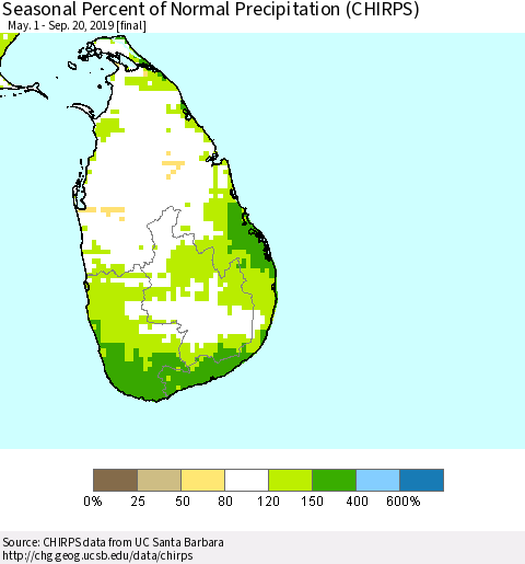 Sri Lanka Seasonal Percent of Normal Precipitation (CHIRPS) Thematic Map For 5/1/2019 - 9/20/2019