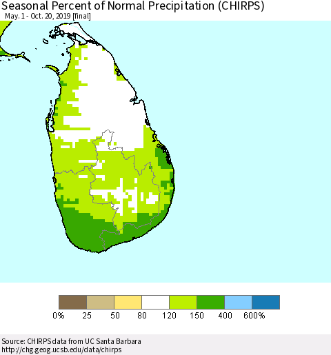 Sri Lanka Seasonal Percent of Normal Precipitation (CHIRPS) Thematic Map For 5/1/2019 - 10/20/2019
