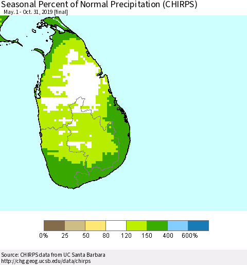 Sri Lanka Seasonal Percent of Normal Precipitation (CHIRPS) Thematic Map For 5/1/2019 - 10/31/2019