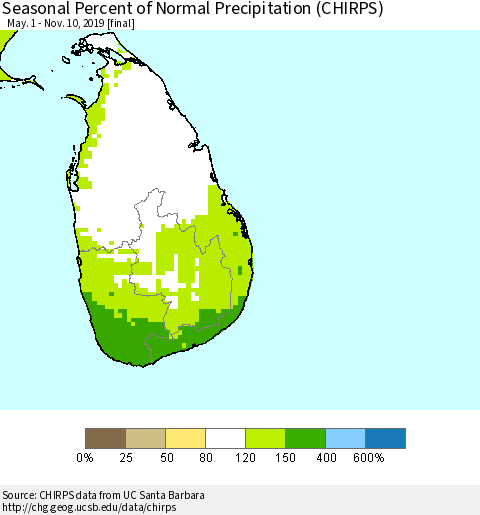 Sri Lanka Seasonal Percent of Normal Precipitation (CHIRPS) Thematic Map For 5/1/2019 - 11/10/2019