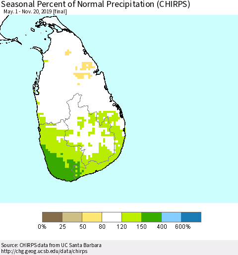 Sri Lanka Seasonal Percent of Normal Precipitation (CHIRPS) Thematic Map For 5/1/2019 - 11/20/2019