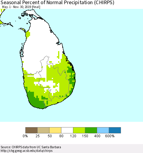 Sri Lanka Seasonal Percent of Normal Precipitation (CHIRPS) Thematic Map For 5/1/2019 - 11/30/2019