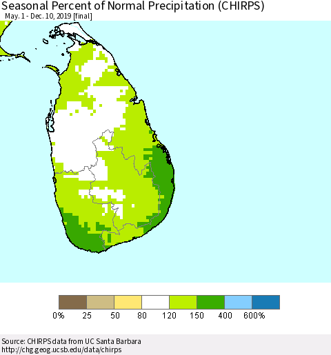 Sri Lanka Seasonal Percent of Normal Precipitation (CHIRPS) Thematic Map For 5/1/2019 - 12/10/2019