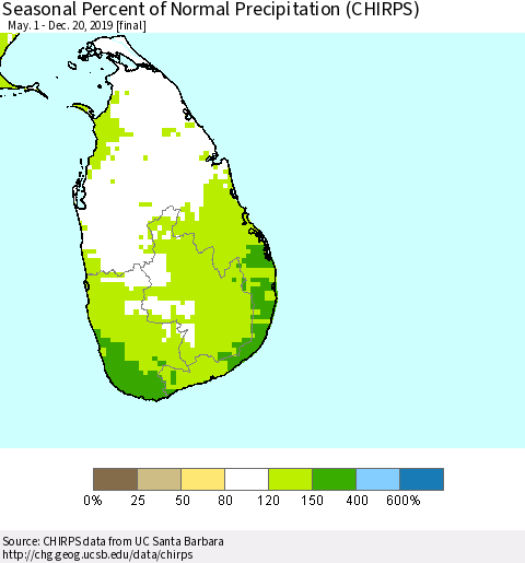 Sri Lanka Seasonal Percent of Normal Precipitation (CHIRPS) Thematic Map For 5/1/2019 - 12/20/2019