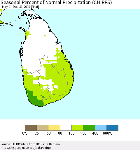 Sri Lanka Seasonal Percent of Normal Precipitation (CHIRPS) Thematic Map For 5/1/2019 - 12/31/2019