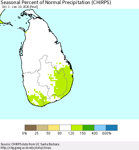 Sri Lanka Seasonal Percent of Normal Precipitation (CHIRPS) Thematic Map For 10/1/2019 - 1/10/2020