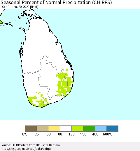 Sri Lanka Seasonal Percent of Normal Precipitation (CHIRPS) Thematic Map For 10/1/2019 - 1/20/2020