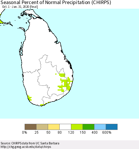 Sri Lanka Seasonal Percent of Normal Precipitation (CHIRPS) Thematic Map For 10/1/2019 - 1/31/2020