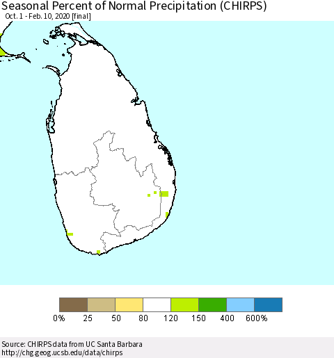 Sri Lanka Seasonal Percent of Normal Precipitation (CHIRPS) Thematic Map For 10/1/2019 - 2/10/2020