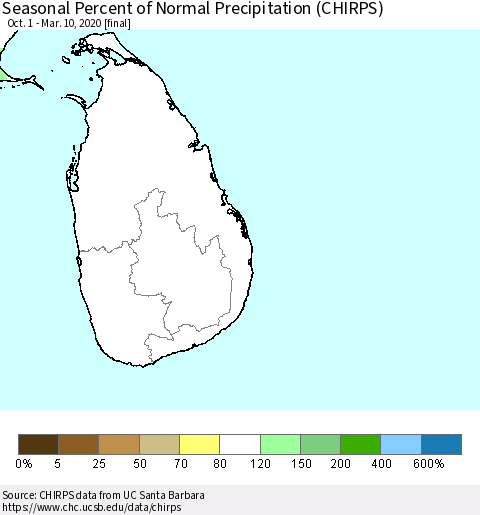 Sri Lanka Seasonal Percent of Normal Precipitation (CHIRPS) Thematic Map For 10/1/2019 - 3/10/2020
