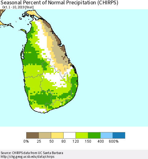 Sri Lanka Seasonal Percent of Normal Precipitation (CHIRPS) Thematic Map For 10/1/2019 - 10/10/2019