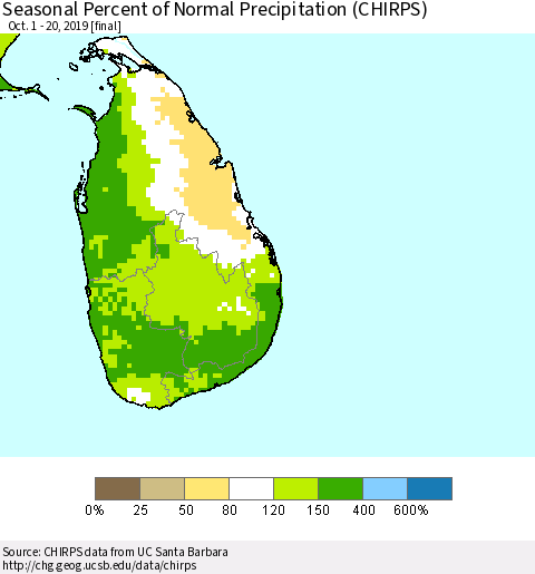 Sri Lanka Seasonal Percent of Normal Precipitation (CHIRPS) Thematic Map For 10/1/2019 - 10/20/2019
