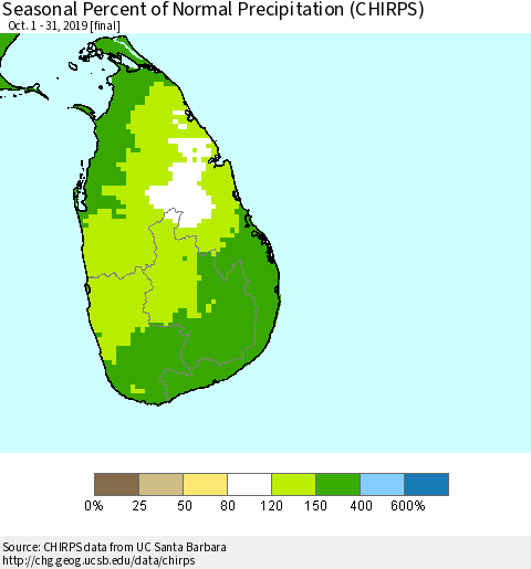 Sri Lanka Seasonal Percent of Normal Precipitation (CHIRPS) Thematic Map For 10/1/2019 - 10/31/2019