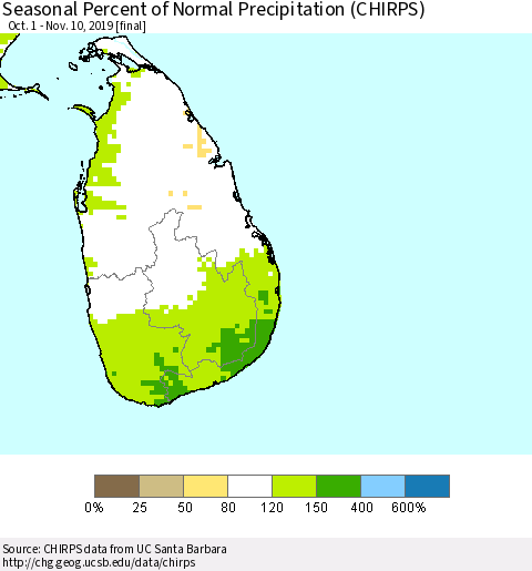 Sri Lanka Seasonal Percent of Normal Precipitation (CHIRPS) Thematic Map For 10/1/2019 - 11/10/2019
