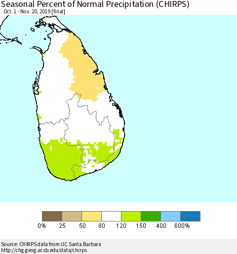 Sri Lanka Seasonal Percent of Normal Precipitation (CHIRPS) Thematic Map For 10/1/2019 - 11/20/2019