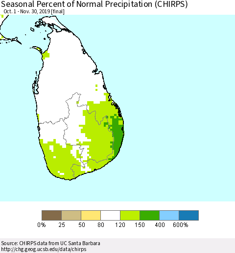 Sri Lanka Seasonal Percent of Normal Precipitation (CHIRPS) Thematic Map For 10/1/2019 - 11/30/2019