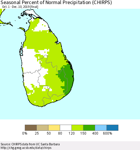 Sri Lanka Seasonal Percent of Normal Precipitation (CHIRPS) Thematic Map For 10/1/2019 - 12/10/2019