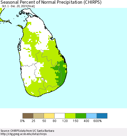 Sri Lanka Seasonal Percent of Normal Precipitation (CHIRPS) Thematic Map For 10/1/2019 - 12/20/2019