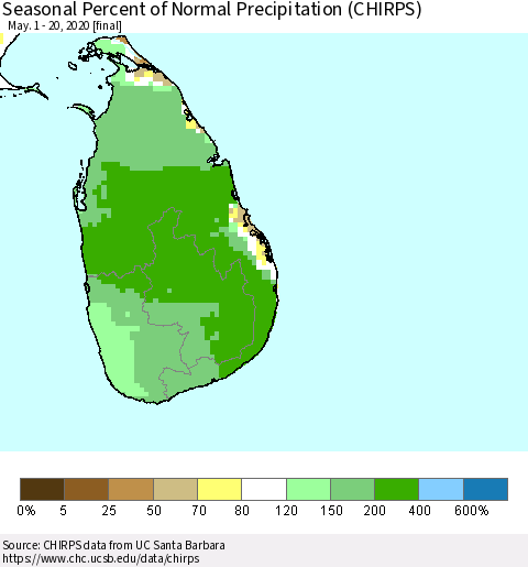 Sri Lanka Seasonal Percent of Normal Precipitation (CHIRPS) Thematic Map For 5/1/2020 - 5/20/2020