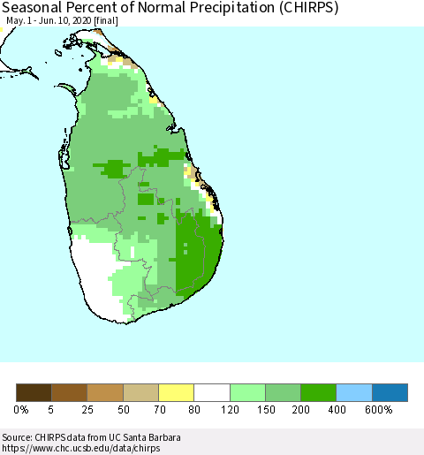 Sri Lanka Seasonal Percent of Normal Precipitation (CHIRPS) Thematic Map For 5/1/2020 - 6/10/2020