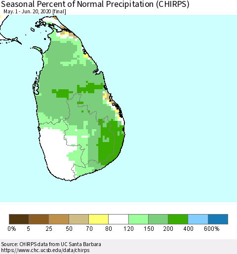 Sri Lanka Seasonal Percent of Normal Precipitation (CHIRPS) Thematic Map For 5/1/2020 - 6/20/2020