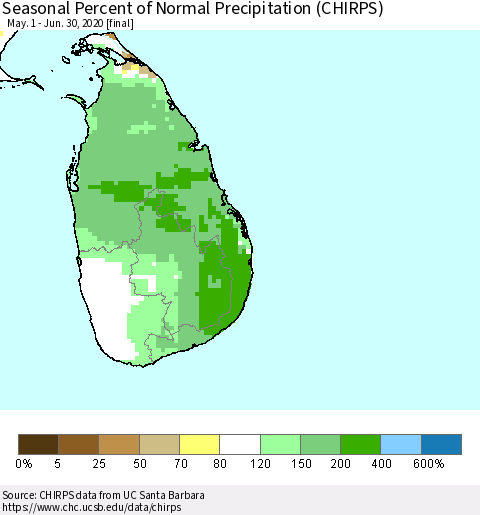 Sri Lanka Seasonal Percent of Normal Precipitation (CHIRPS) Thematic Map For 5/1/2020 - 6/30/2020