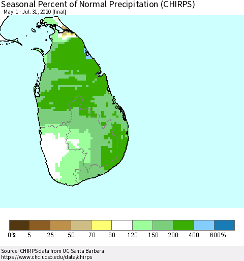 Sri Lanka Seasonal Percent of Normal Precipitation (CHIRPS) Thematic Map For 5/1/2020 - 7/31/2020