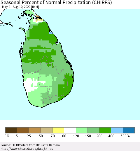 Sri Lanka Seasonal Percent of Normal Precipitation (CHIRPS) Thematic Map For 5/1/2020 - 8/10/2020
