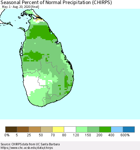 Sri Lanka Seasonal Percent of Normal Precipitation (CHIRPS) Thematic Map For 5/1/2020 - 8/20/2020