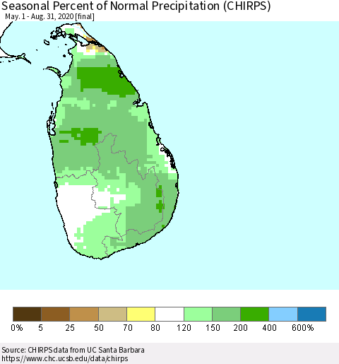 Sri Lanka Seasonal Percent of Normal Precipitation (CHIRPS) Thematic Map For 5/1/2020 - 8/31/2020