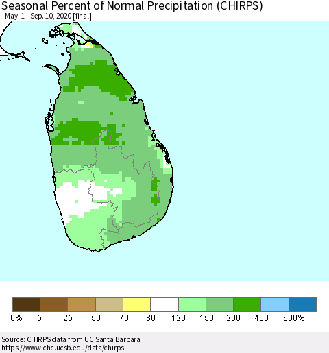 Sri Lanka Seasonal Percent of Normal Precipitation (CHIRPS) Thematic Map For 5/1/2020 - 9/10/2020