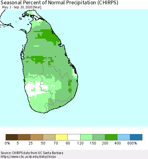 Sri Lanka Seasonal Percent of Normal Precipitation (CHIRPS) Thematic Map For 5/1/2020 - 9/20/2020