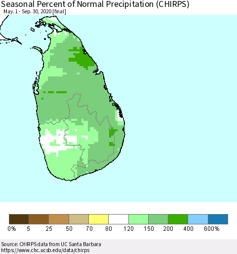 Sri Lanka Seasonal Percent of Normal Precipitation (CHIRPS) Thematic Map For 5/1/2020 - 9/30/2020