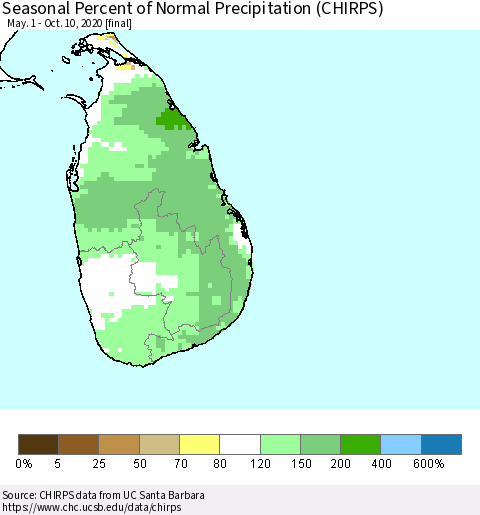 Sri Lanka Seasonal Percent of Normal Precipitation (CHIRPS) Thematic Map For 5/1/2020 - 10/10/2020