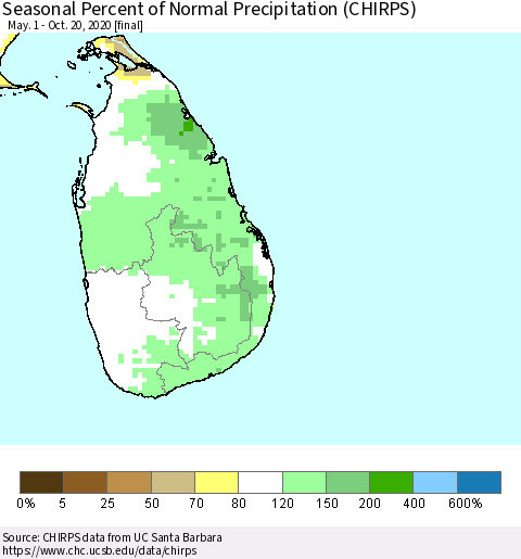 Sri Lanka Seasonal Percent of Normal Precipitation (CHIRPS) Thematic Map For 5/1/2020 - 10/20/2020