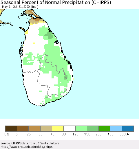Sri Lanka Seasonal Percent of Normal Precipitation (CHIRPS) Thematic Map For 5/1/2020 - 10/31/2020