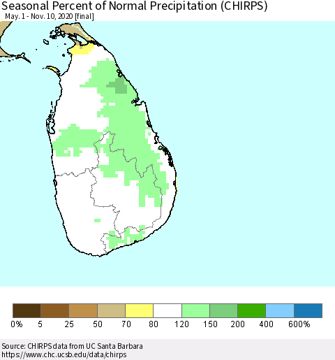 Sri Lanka Seasonal Percent of Normal Precipitation (CHIRPS) Thematic Map For 5/1/2020 - 11/10/2020