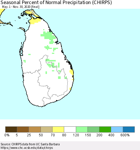 Sri Lanka Seasonal Percent of Normal Precipitation (CHIRPS) Thematic Map For 5/1/2020 - 11/30/2020