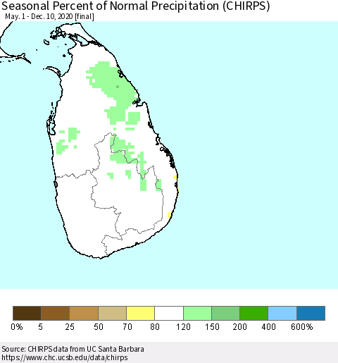 Sri Lanka Seasonal Percent of Normal Precipitation (CHIRPS) Thematic Map For 5/1/2020 - 12/10/2020