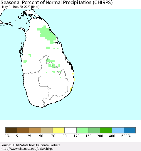 Sri Lanka Seasonal Percent of Normal Precipitation (CHIRPS) Thematic Map For 5/1/2020 - 12/20/2020
