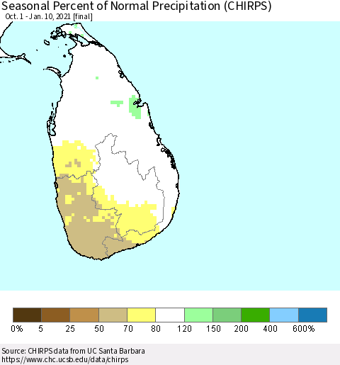 Sri Lanka Seasonal Percent of Normal Precipitation (CHIRPS) Thematic Map For 10/1/2020 - 1/10/2021