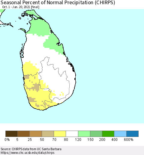 Sri Lanka Seasonal Percent of Normal Precipitation (CHIRPS) Thematic Map For 10/1/2020 - 1/20/2021