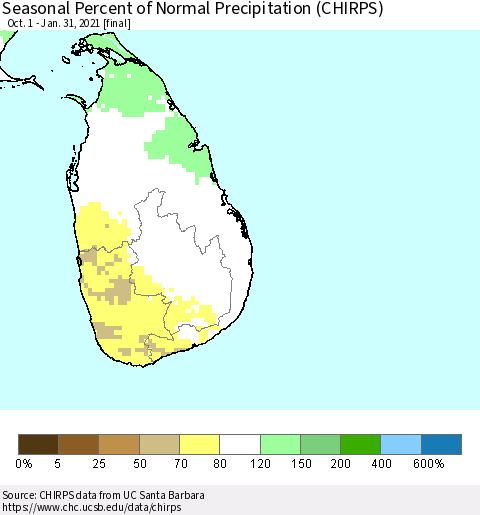 Sri Lanka Seasonal Percent of Normal Precipitation (CHIRPS) Thematic Map For 10/1/2020 - 1/31/2021