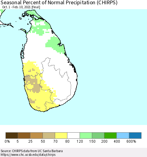 Sri Lanka Seasonal Percent of Normal Precipitation (CHIRPS) Thematic Map For 10/1/2020 - 2/10/2021