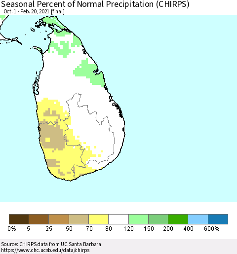 Sri Lanka Seasonal Percent of Normal Precipitation (CHIRPS) Thematic Map For 10/1/2020 - 2/20/2021