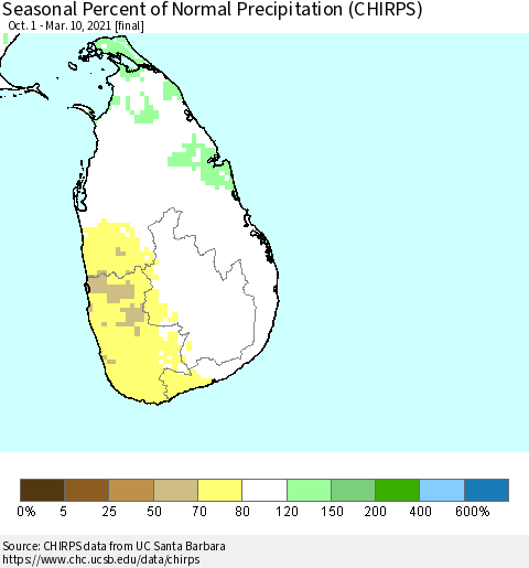 Sri Lanka Seasonal Percent of Normal Precipitation (CHIRPS) Thematic Map For 10/1/2020 - 3/10/2021