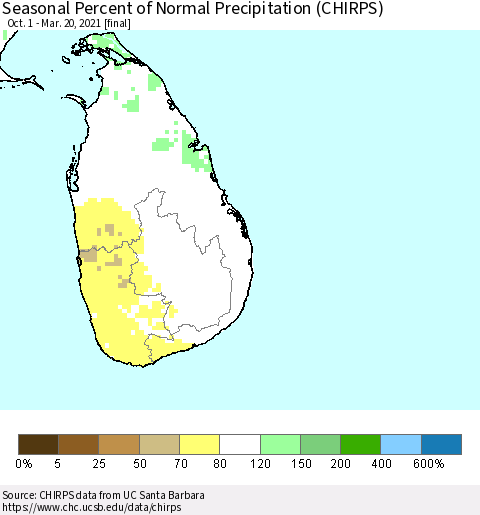 Sri Lanka Seasonal Percent of Normal Precipitation (CHIRPS) Thematic Map For 10/1/2020 - 3/20/2021
