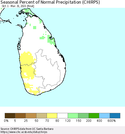 Sri Lanka Seasonal Percent of Normal Precipitation (CHIRPS) Thematic Map For 10/1/2020 - 3/31/2021