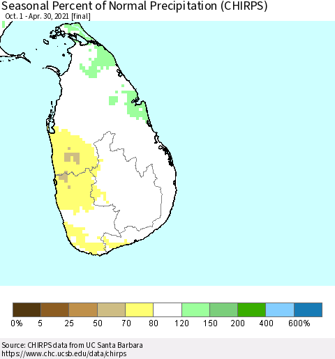 Sri Lanka Seasonal Percent of Normal Precipitation (CHIRPS) Thematic Map For 10/1/2020 - 4/30/2021